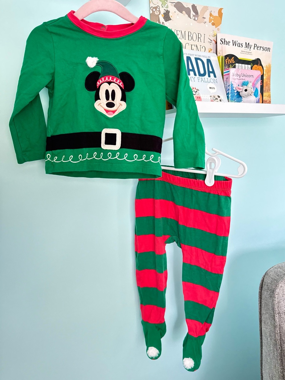 DISNEY Green & Red Mickey Elf Kids Pajama 12-18M